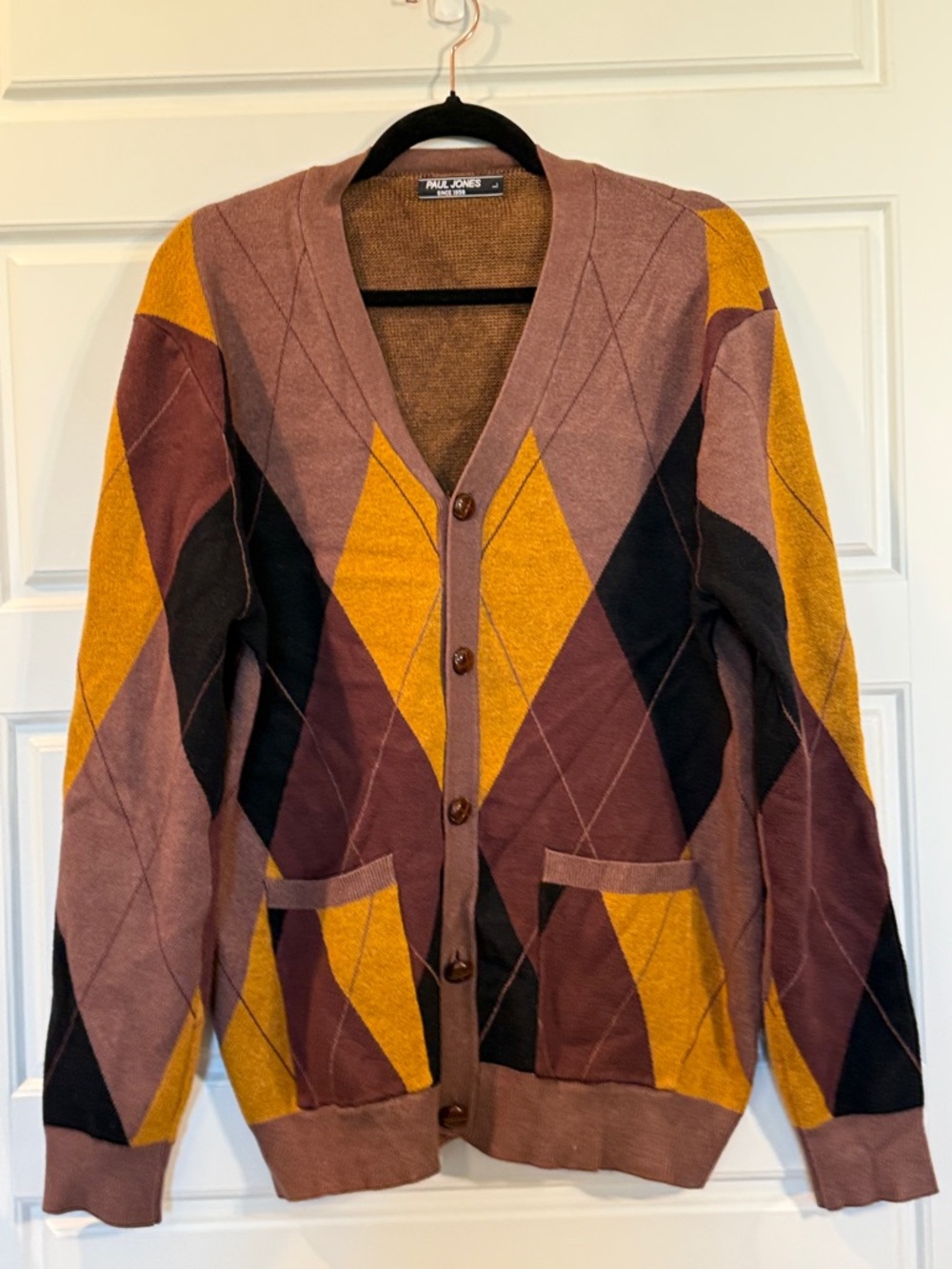 Paul Jones V Neck Argyle Cardigan Sweater Contrast Knitwear Pockets Large